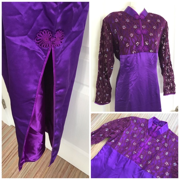 Purple Satin Cheongsam QiPao Long Sleeve Dress with Lace Overlay Beaded Bodice - Picture 2 of 3